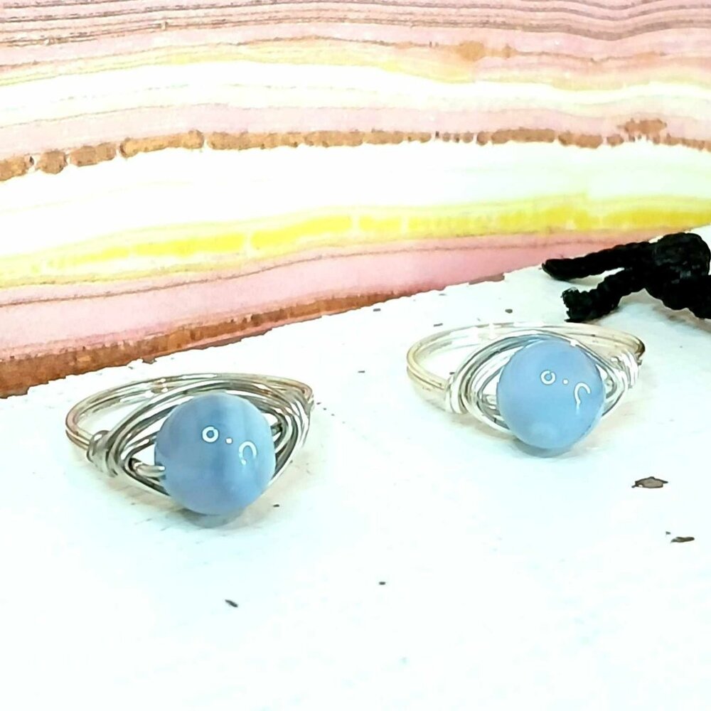 Blue Lace Agate Gemstone Beaded Wire Ring, Crystal Dainty Chic Cute Silver